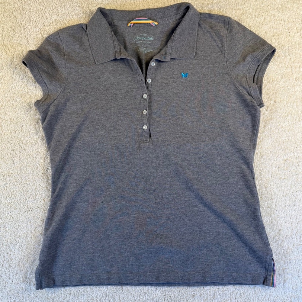 VTG Y2K Aeropostale Womens XL Gray‎ Polo Shirt Butterfly Embroidered Top Casual
